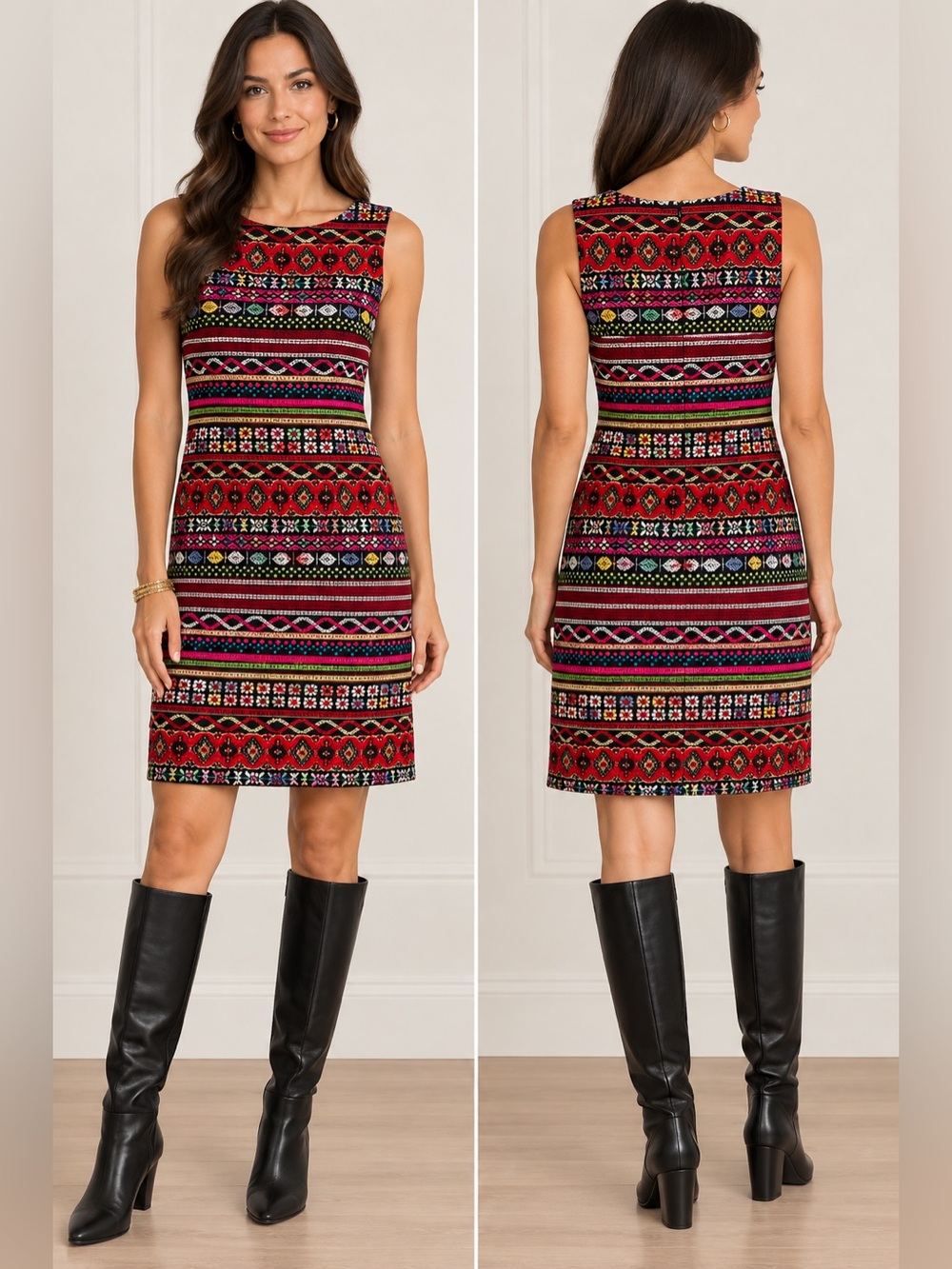 Chetta B Sleeveless Multicolor Patterned Woven Fabric Shift Dress - Red